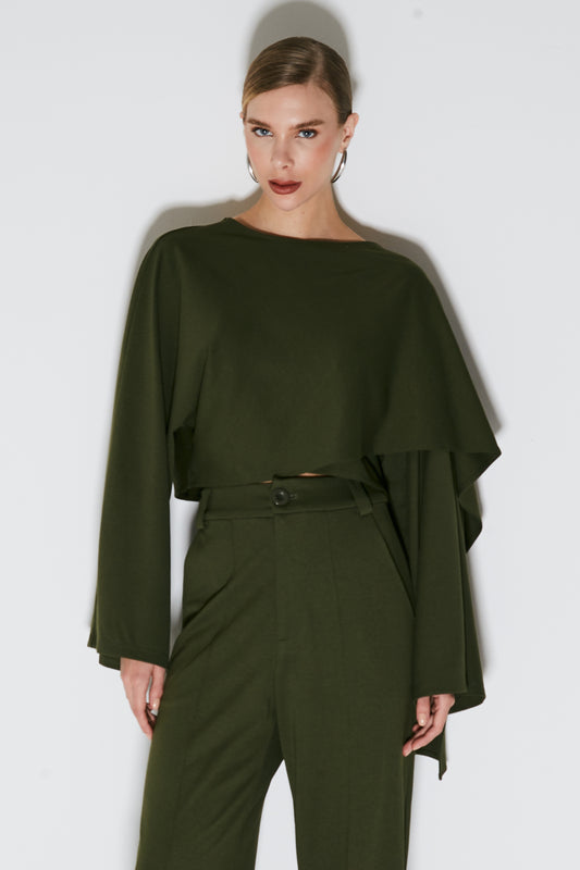 BLUSA MANGA LONGA PONCHO ASSIMETRICO VERDE MILITAR