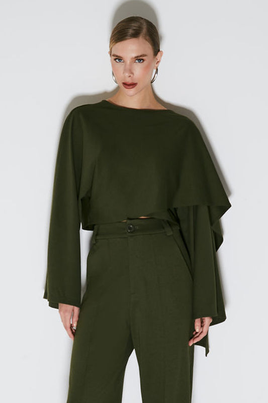 BLUSA MANGA LONGA PONCHO ASSIMETRICO VERDE MILITAR