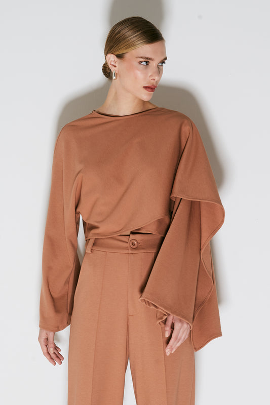 BLUSA MANGA LONGA PONCHO ASSIMETRICO MOCHA MOUSSE
