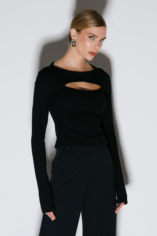 BLUSA MANGA LONGA COM ABERTURA NO COLO PRETO