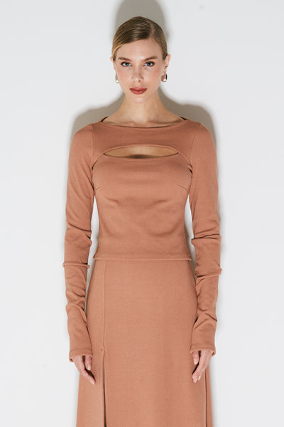 BLUSA MANGA LONGA COM ABERTURA NO COLO MOCHA MOUSSE