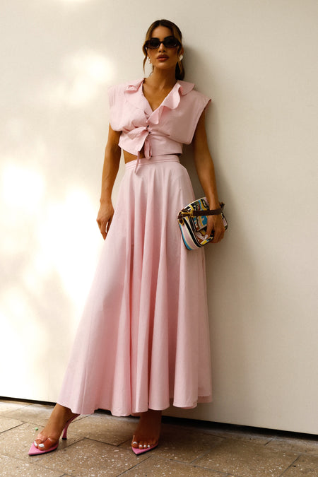 BLUSA MANGA CURTA COM BABADOS FRONTAIS E AMARRACAO ROSA BEBE