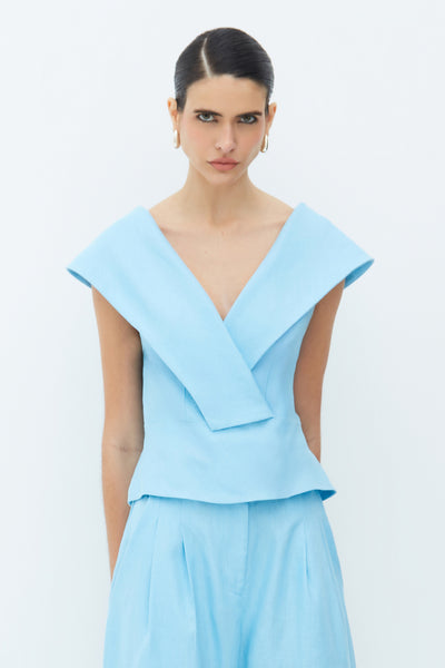 BLUSA MANGA CURTA COM MAXI GOLA AZUL OCEANO