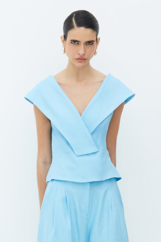 BLUSA MANGA CURTA COM MAXI GOLA AZUL OCEANO
