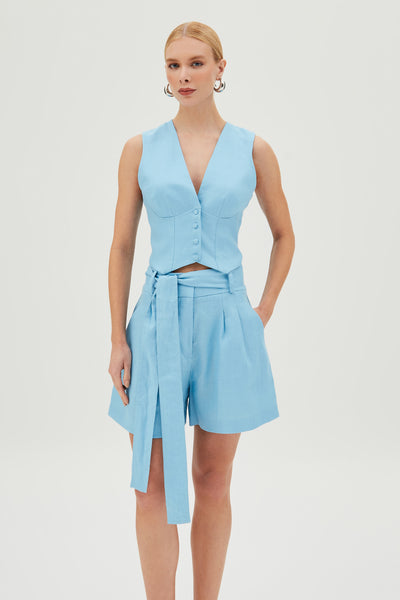 SHORTS CINTURA ALTA COM PREGAS FRONTAIS E FAIXA AMARRACAO AZUL OCEANO