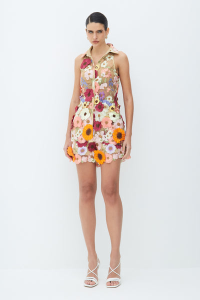 SHORTS CINTURA ALTA COM COS LARGO EM TULE BORDADO COLORIDO
