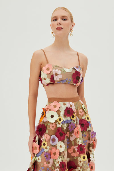TOP DE ALCA FINA EM TULE BORDADO COLORIDO