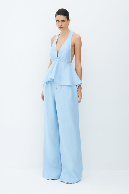 CALÇA RETA COM PREGAS FRONTAL EM LINHO AZUL BEBE