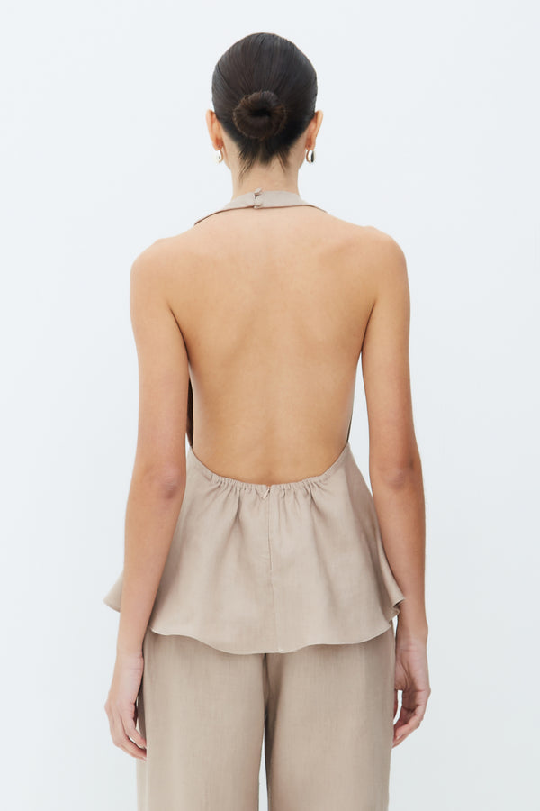 BLUSA FRENTE UNICA COM BARRA AMPLA AMARRACAO FRENTE MARROM CLARO