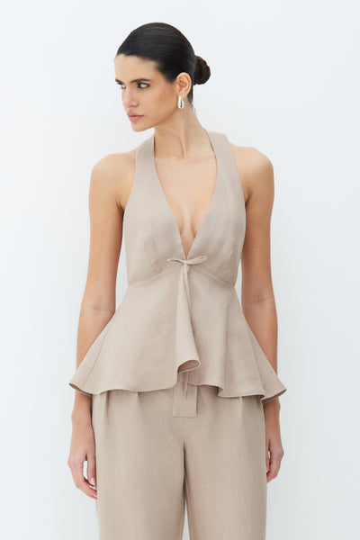 BLUSA FRENTE UNICA COM BARRA AMPLA AMARRACAO FRENTE MARROM CLARO