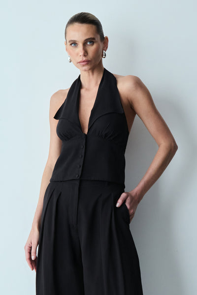 BLUSA FRENTE UNICA AMARRACAO PESCOCO E BOTOES FRONTAL PRETO