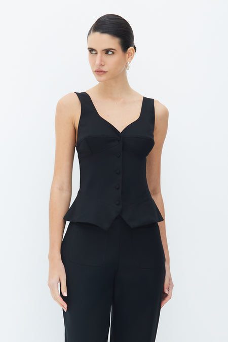BLUSA REGATA RECORTE BUSTO BOTOES FRONTAL BARRA AMPLA PRETO