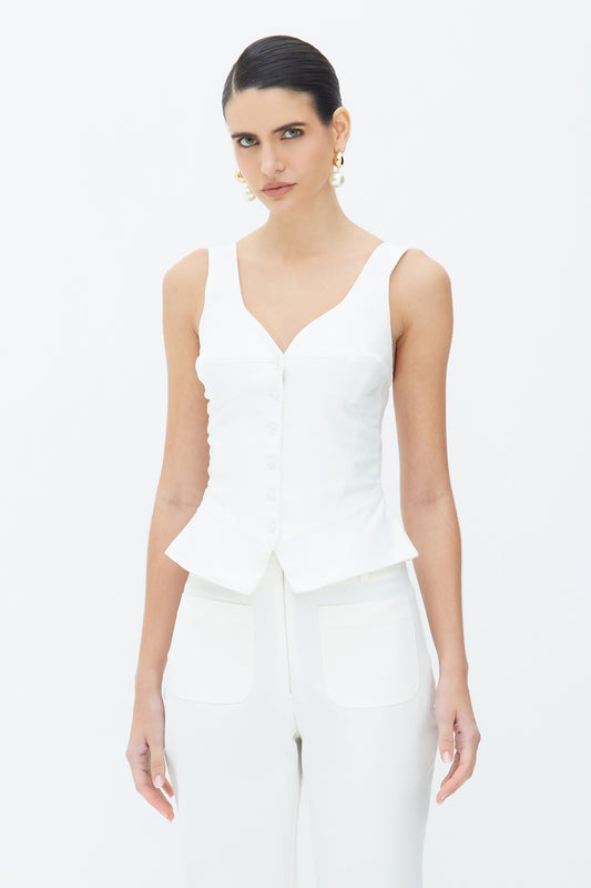 BLUSA REGATA RECORTE BUSTO BOTOES FRONTAL BARRA AMPLA OFF WHITE