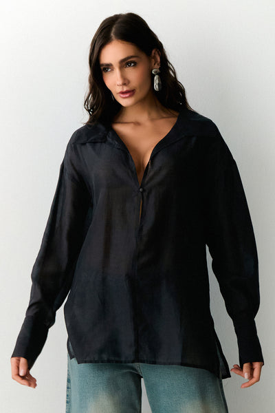 CAMISA MANGA COMPRIDA COM TRANSPARENCIA E  DECOTE V PROFUNDO PRETO