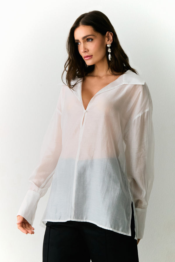 CAMISA MANGA COMPRIDA COM TRANSPARENCIA E  DECOTE V PROFUNDO OFF WHITE