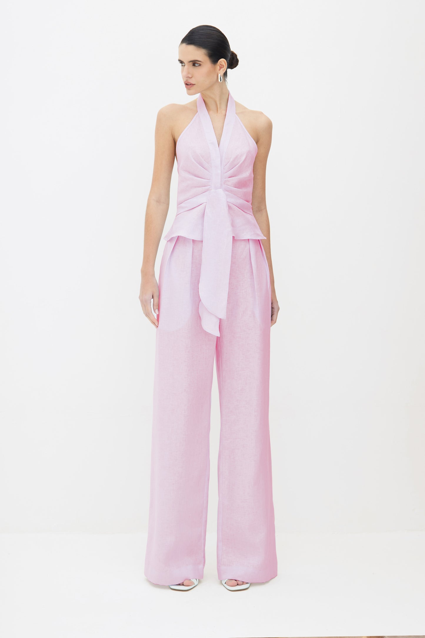 BLUSA FRENTE UNICA COM PREGAS E AMARRACAO FRENTE ROSA CELESTIAL