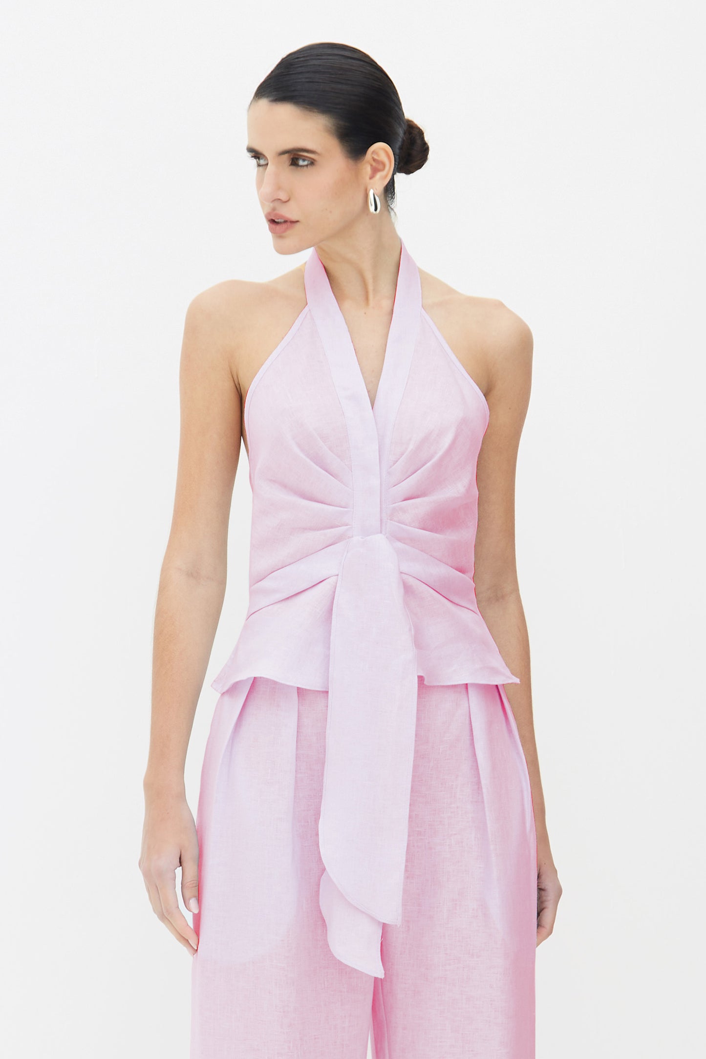 BLUSA FRENTE UNICA COM PREGAS E AMARRACAO FRENTE ROSA CELESTIAL
