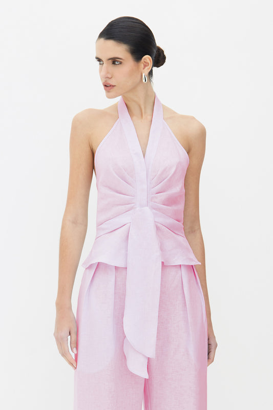 BLUSA FRENTE UNICA COM PREGAS E AMARRACAO FRENTE ROSA CELESTIAL
