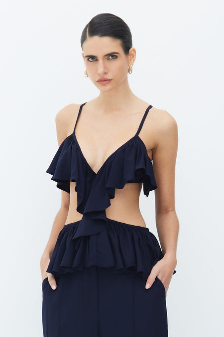 BLUSA DE ALCA COM BABADOS AZUL MARINHO