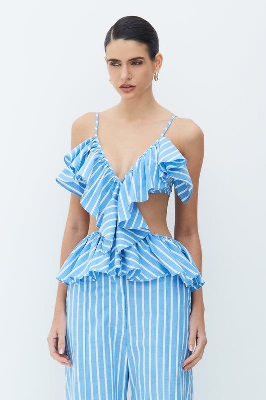 BLUSA DE ALCA FINA COM BABADOS BUSTO E BARRA LISTRADO AZUL