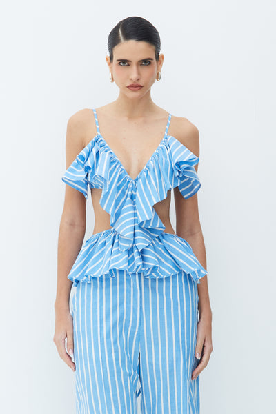 BLUSA DE ALCA FINA COM BABADOS BUSTO E BARRA LISTRADO AZUL
