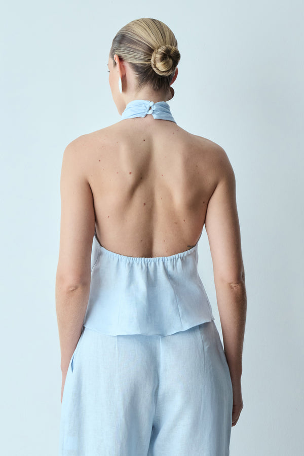 BLUSA TORÇÃO HALTER EM LINHO AZUL POLAR