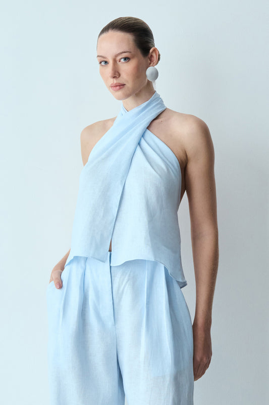 BLUSA TORÇÃO HALTER EM LINHO AZUL POLAR