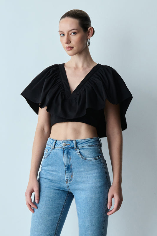 BLUSA MANGA CURTA COM SOBREPOSICAO E EFEITO BUFANTE PRETO
