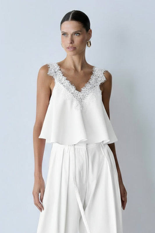 BLUSA DE ALCA COM DECOTE E ALCA EM RENDA COM FLUIDEZ OFF WHITE