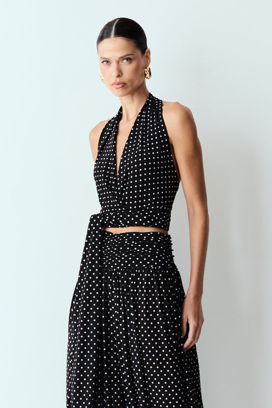 BLUSA FRENTE UNICA COM AMARRACAO E TRANSPASSE POÁ PRETO COM BRANCO