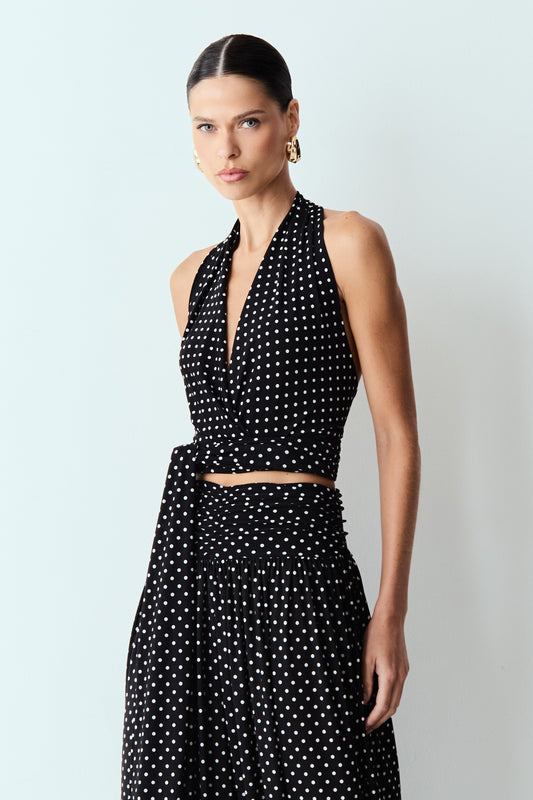 BLUSA FRENTE UNICA COM AMARRACAO E TRANSPASSE POÁ PRETO COM BRANCO