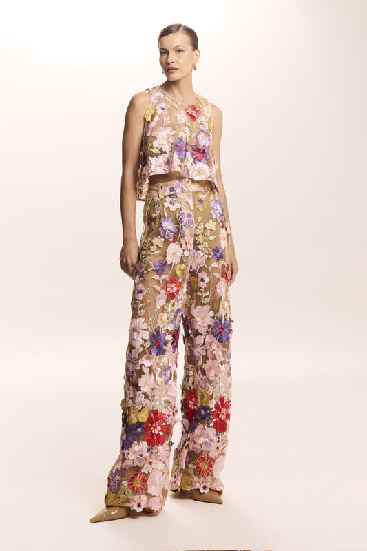 CALCA RETA EM TULE BORDADO ROSA