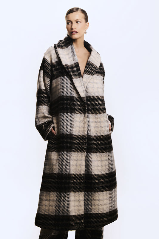 CASACO LONGO XADREZ COM GOLA MARROM