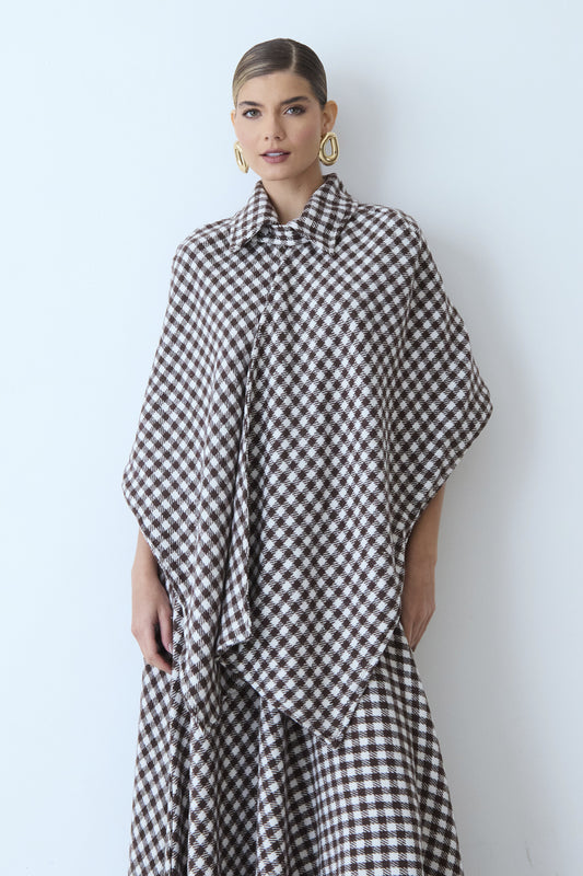 BLUSA MANGA CURTA PONCHO COM GOLA TRADICIONAL TRANSPASSADO MARROM