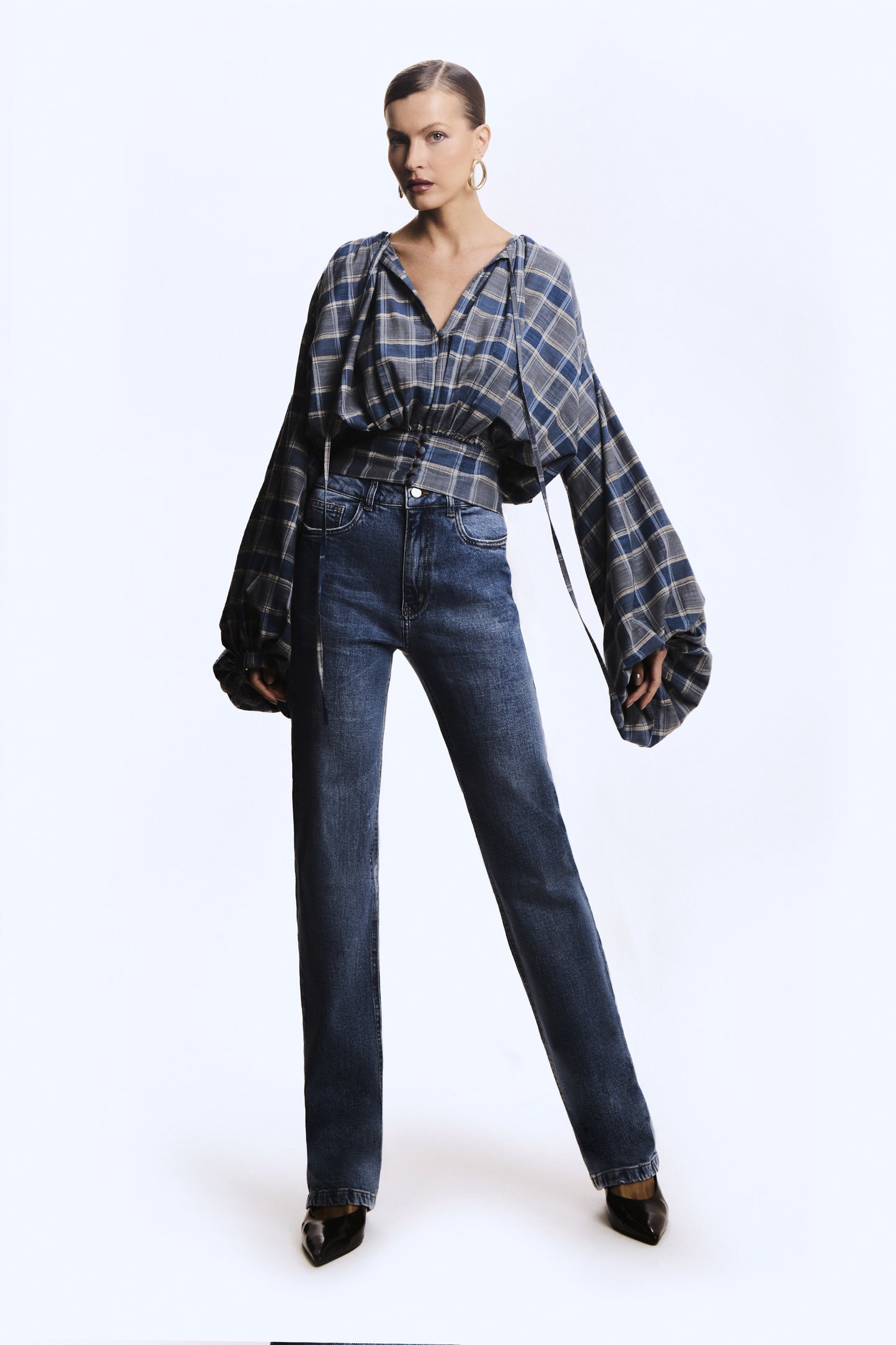 CAMISA MANGA COMPRIDA XADREZ MANGA AMPLA AZUL