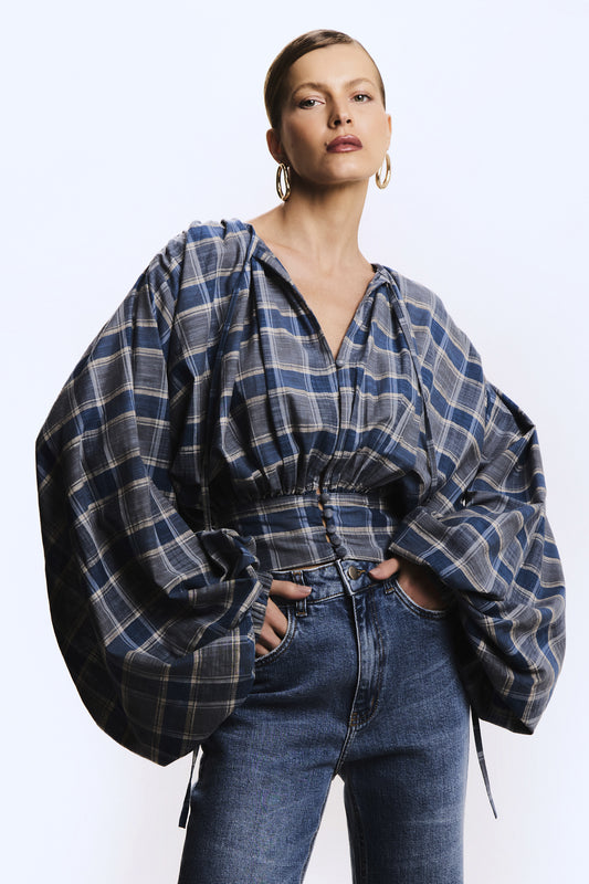 CAMISA MANGA COMPRIDA XADREZ MANGA AMPLA AZUL