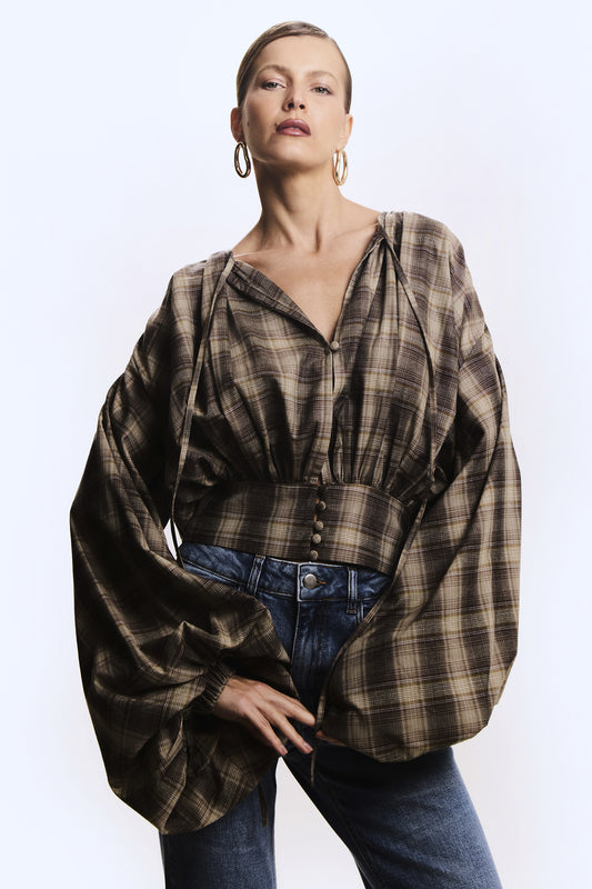 CAMISA MANGA COMPRIDA XADREZ MANGA AMPLA MARROM