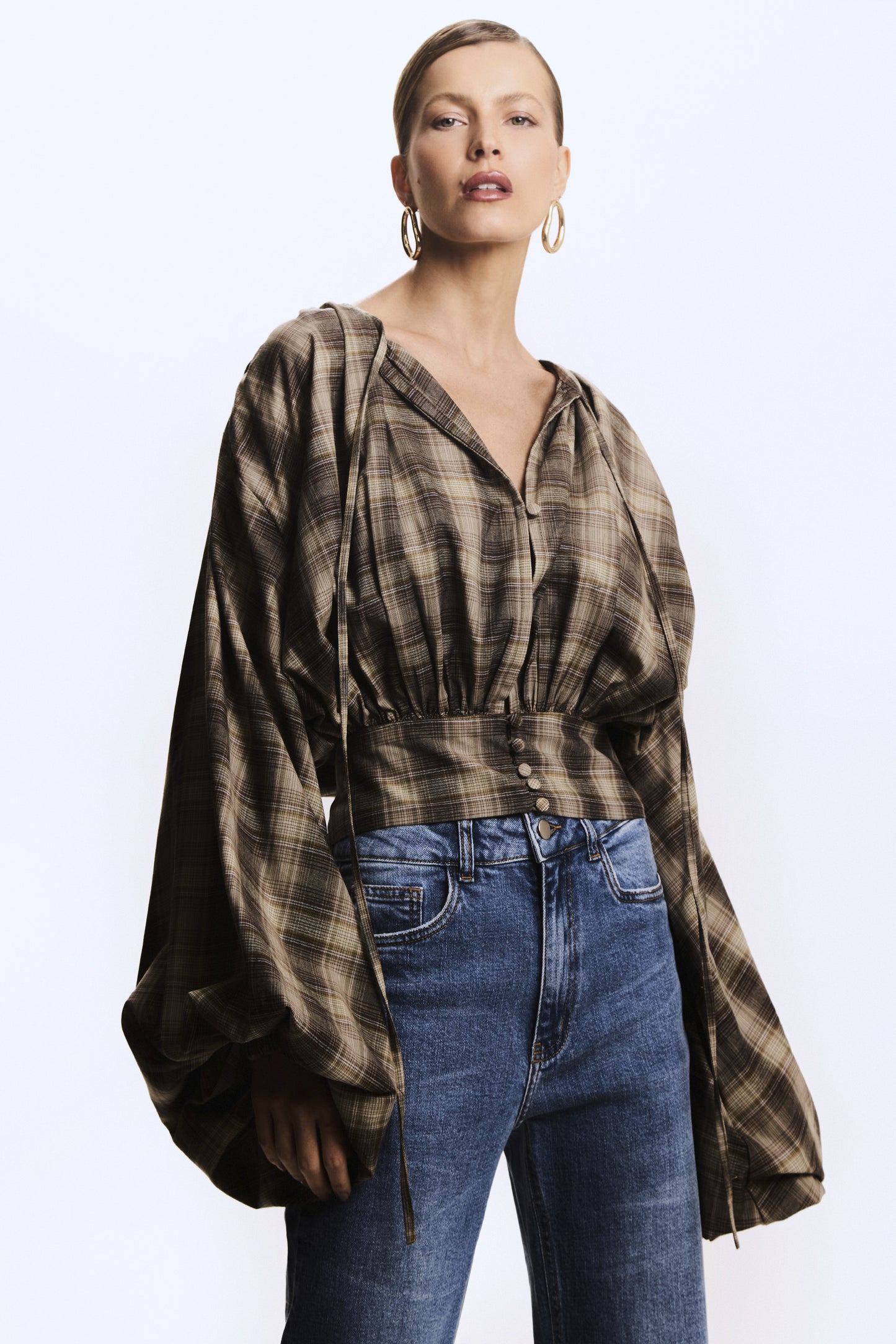 CAMISA MANGA COMPRIDA XADREZ MANGA AMPLA MARROM