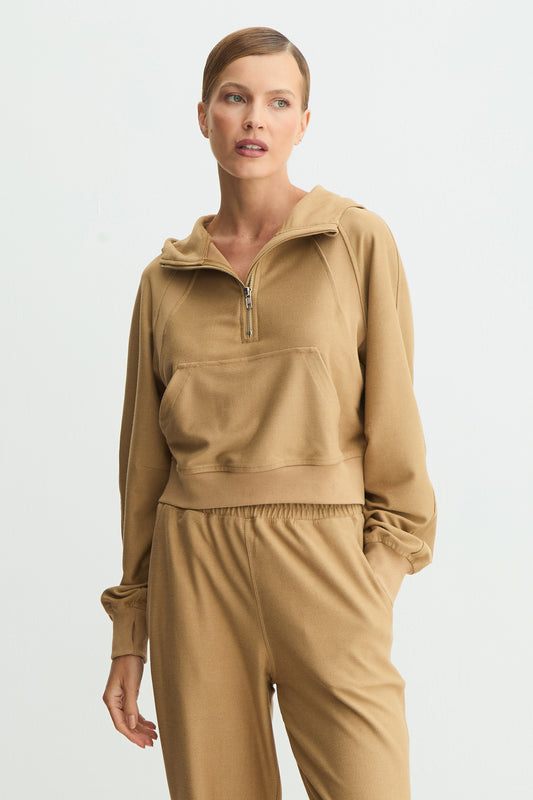 BLUSA MANGA LONGA MOLETOM COM ZIPER DE METAL FRONTAL KAKI