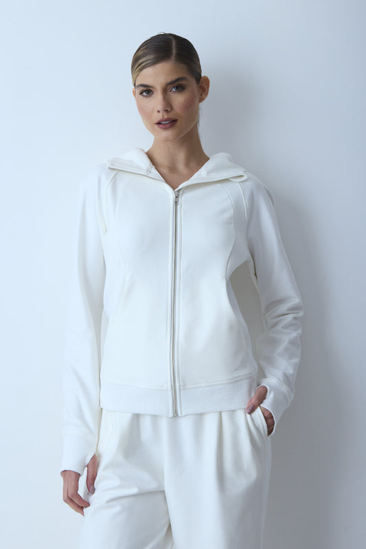 CASACO MANGA LONGA COM CAPUZ E ZIPER DE METAL OFF WHITE