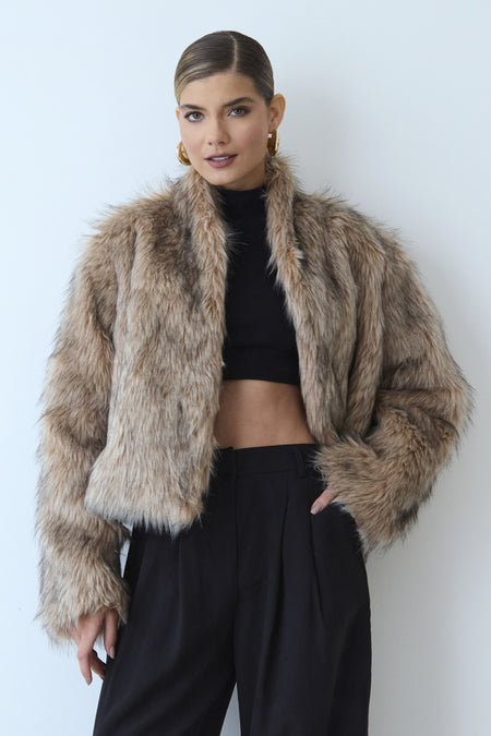 CASACO CURTO DE PELO RAJADO KAKI