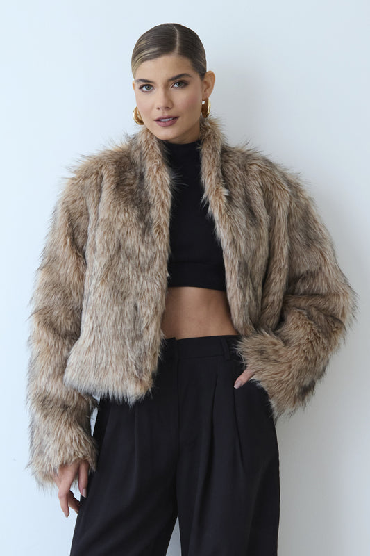 CASACO CURTO DE PELO RAJADO KAKI