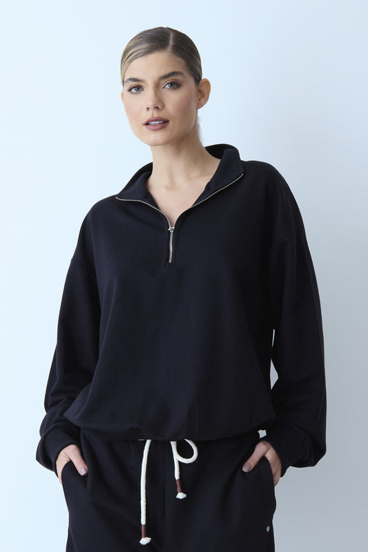 BLUSA MANGA LONGA MOLETOM ZIPER DE METAL FRONTAL E GOLA PRETO