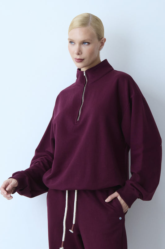 BLUSA MANGA LONGA MOLETOM ZIPER DE METAL FRONTAL E GOLA VINHO