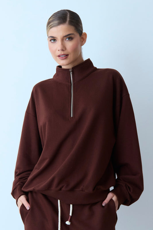 BLUSA MANGA LONGA MOLETOM ZIPER DE METAL FRONTAL E GOLA MARROM