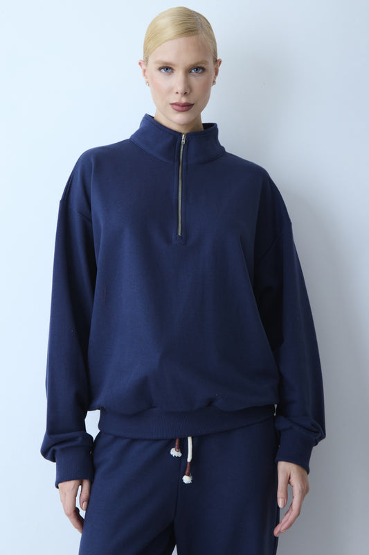 BLUSA MANGA LONGA MOLETOM ZIPER DE METAL FRONTAL E GOLA AZUL MARINHO