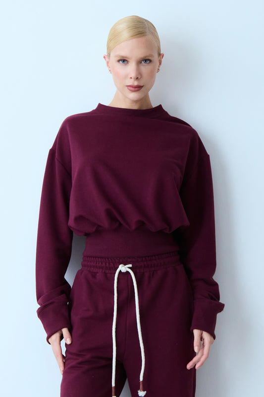 BLUSA MANGA LONGA MOLETOM GOLA CARECA AJUSTADO CINTURA VINHO