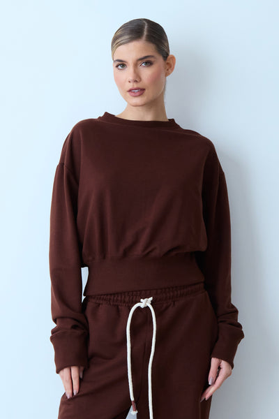 BLUSA MANGA LONGA MOLETOM GOLA CARECA AJUSTADO CINTURA MARROM