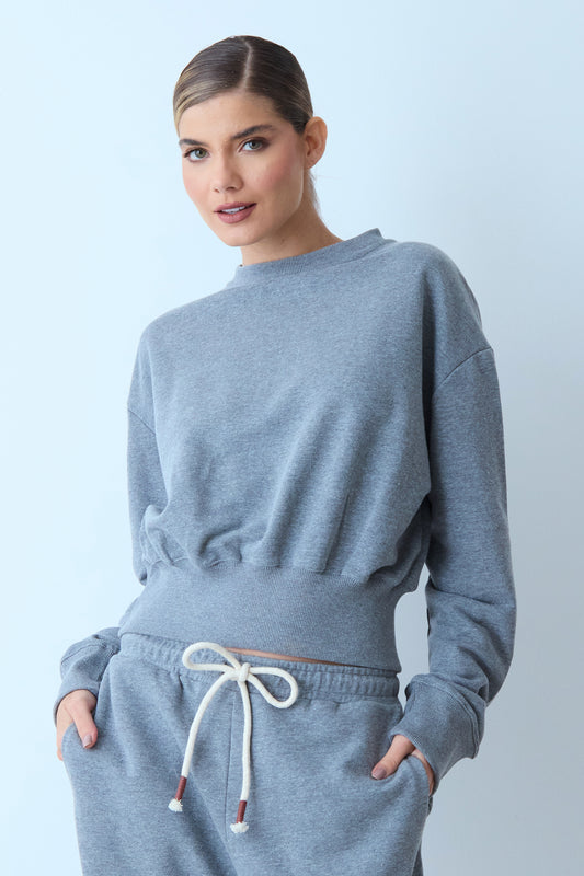 BLUSA MANGA LONGA MOLETOM GOLA CARECA AJUSTADO CINTURA MESCLA