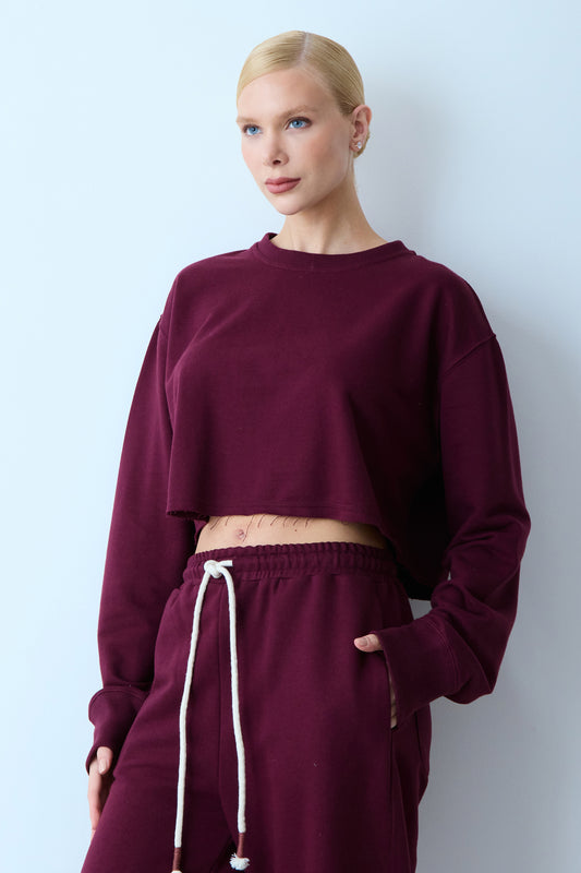 BLUSA MANGA LONGA MOLETOM GOLA CARECA BARRA DESCONSTRUIDA VINHO